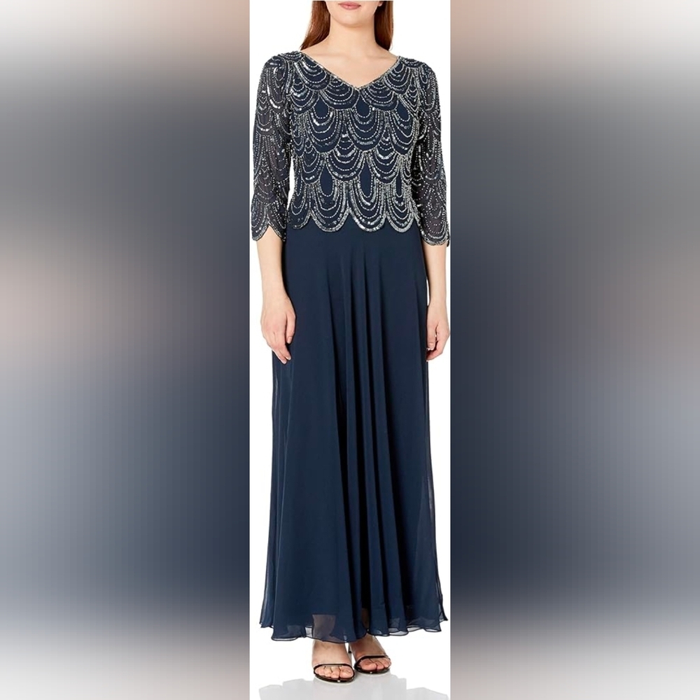 J kara Womens 3/4 Sleeve With Scallop Beaded Pop Over Gown Navy,14